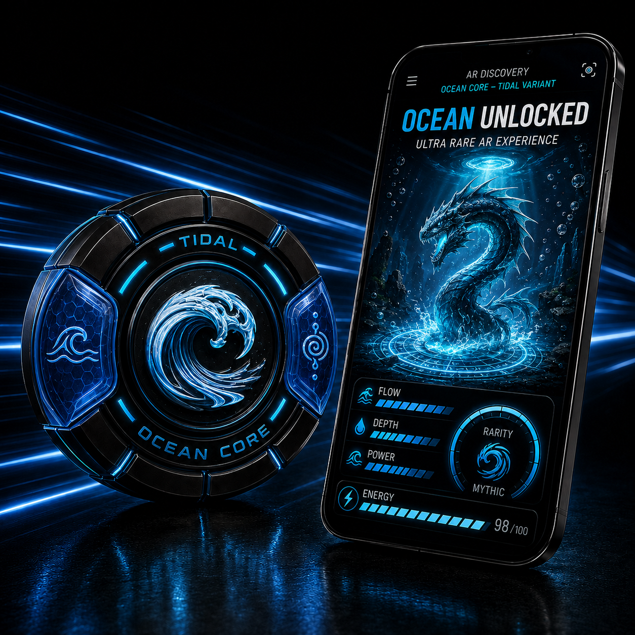 Ocean Core Tidal Variant with wave-themed controls and its underwater AR creature experience
